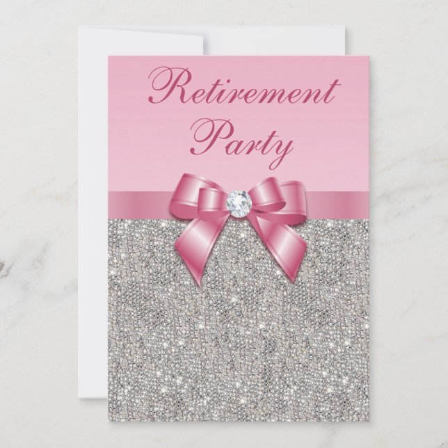 Retirement Party Silver Jewels Pink Faux Bow Invitation (Front)