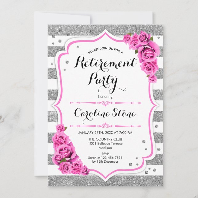 Retirement Party - Silver White Stripes Pink Roses Invitation (Front)