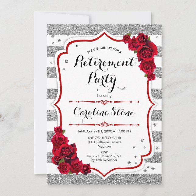 Retirement Party - Silver White Stripes Roses Invitation (Front)