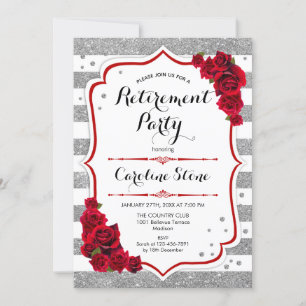 Retirement Party - Silver White Stripes Roses Invitation