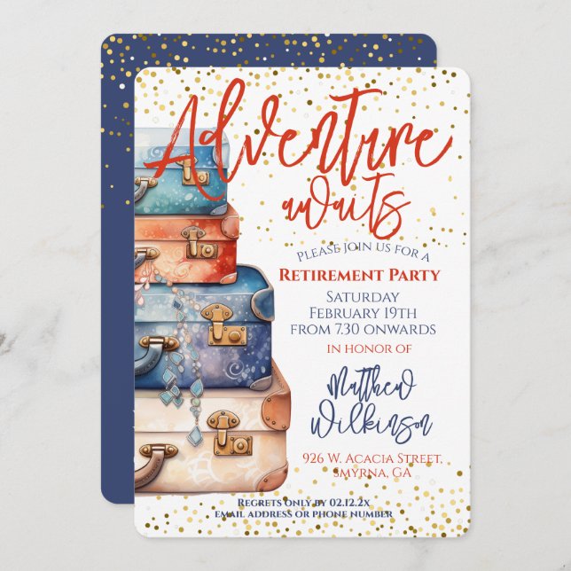 Retirement Party Suitcase Adventure Awaits Invitation (Front/Back)