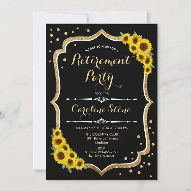 Retirement Party - Sunflowers Black Gold Invitation (Front)