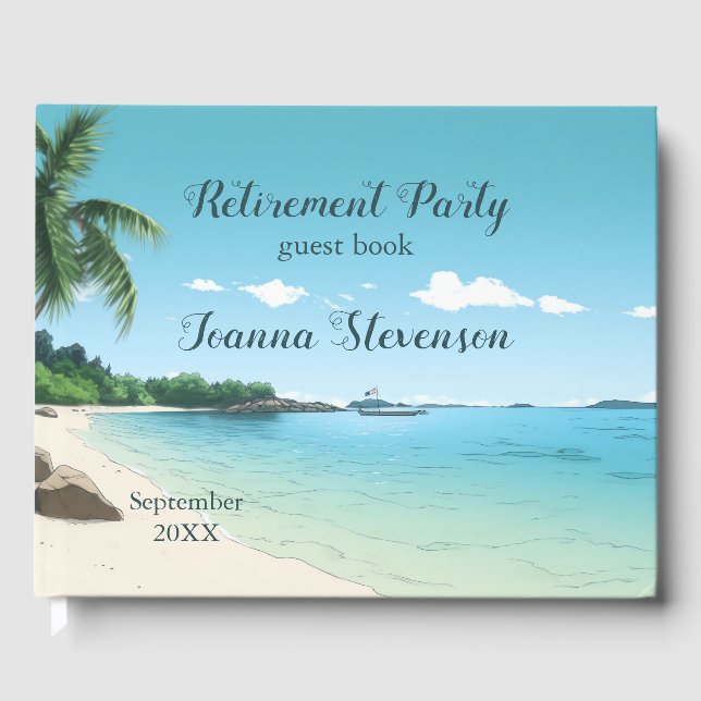 Retirement Party Tropical Beach Palm Trees Guest Book (Front)