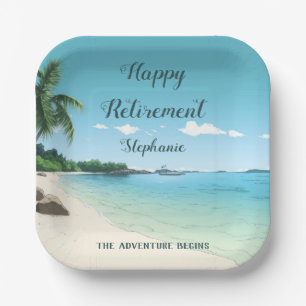 Retirement Party Tropical Beach Palm Trees Paper Plate