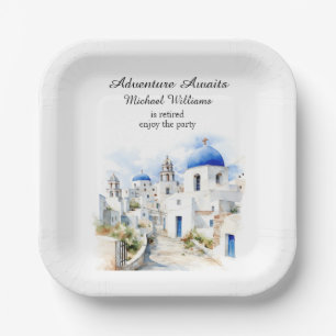 Retirement Party Vintage Colourful Greece Village Paper Plate