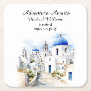 Retirement Party Vintage Colourful Greece Village  Square Paper Coaster
