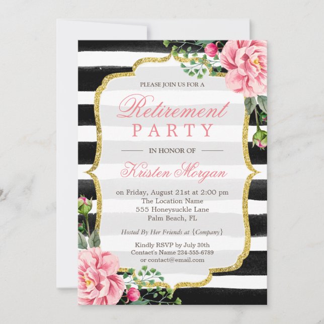 Retirement Party Watercolor Floral Gold Glitter Invitation (Front)