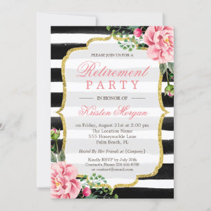 Retirement Party Watercolor Floral Gold Glitter Invitation