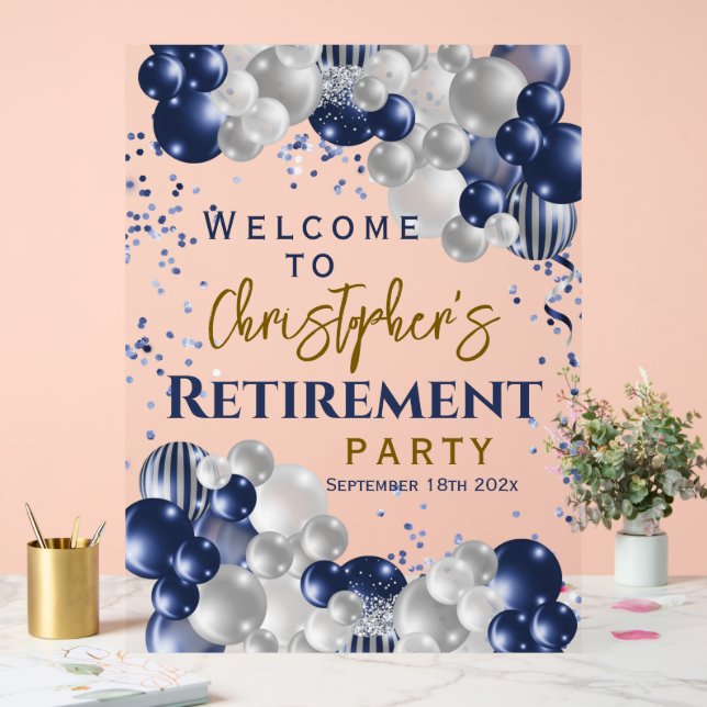 Retirement Party Welcome Blue Balloons Acrylic Sign (Wedding)