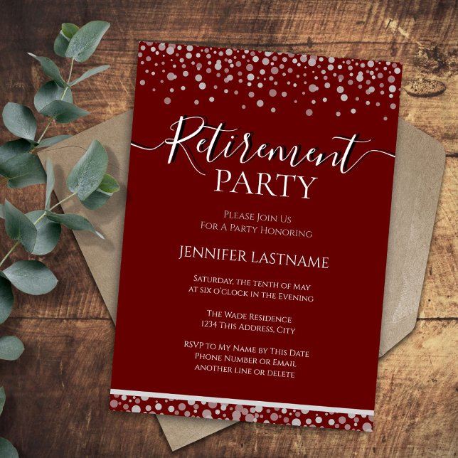 Retirement Party Wine and Silver Confetti  Invitation (Creator Uploaded)