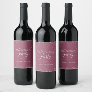 Retirement Party Wine Labels Elegant Silver, Pink