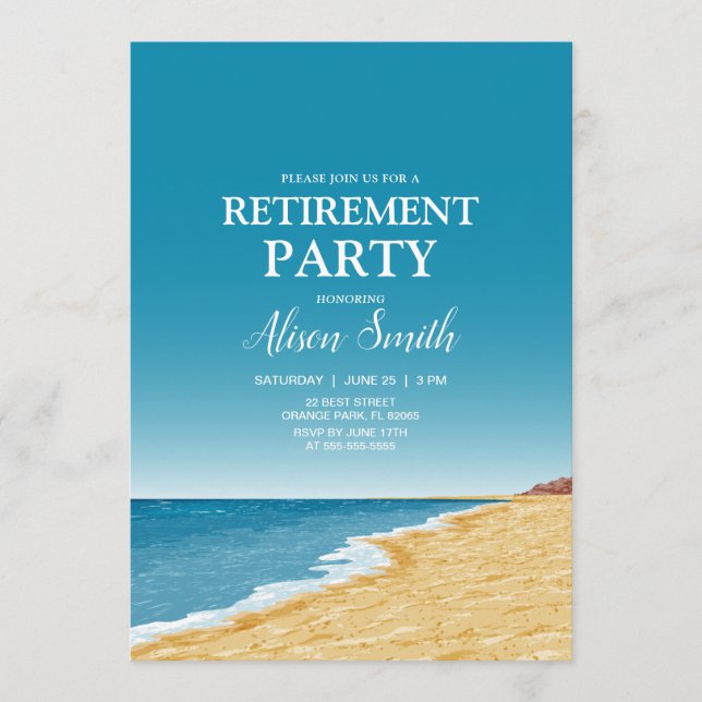 Retirement party with beach, sea and blue sky invitation (Front)