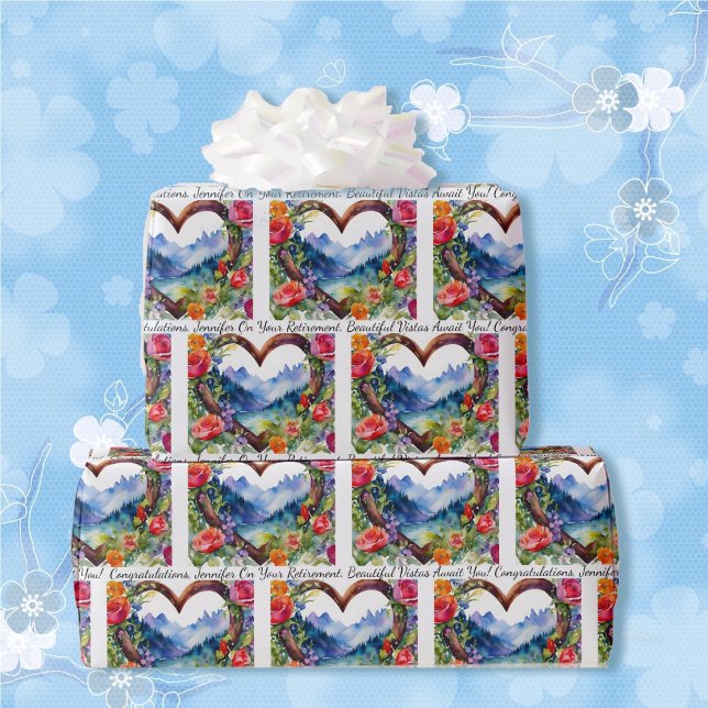 Retirement Personalise Text & Name Roses Mountains Wrapping Paper (Creator Uploaded)