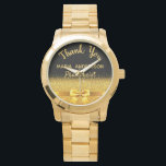 Retirement Pharmacist black gold thank you Watch<br><div class="desc">Elegant,  classic,  glamourous and feminine. A gift for a retired Pharmacist.  A faux gold coloured bow and ribbon with golden glitter and sparkle,  a bit of bling and luxury. Black background. With the text: Thank You,  templates for a name and occupation,  profession.</div>