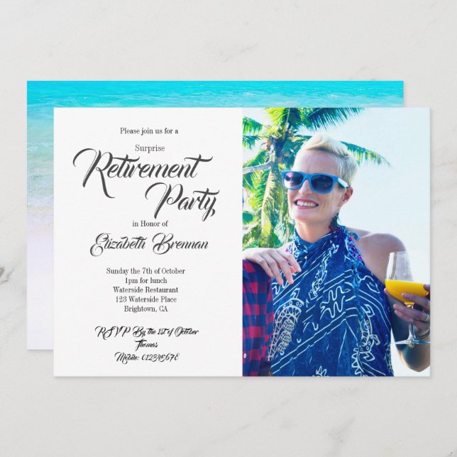 Retirement Photo Beach Modern Stylish Typography Invitation (Front/Back)
