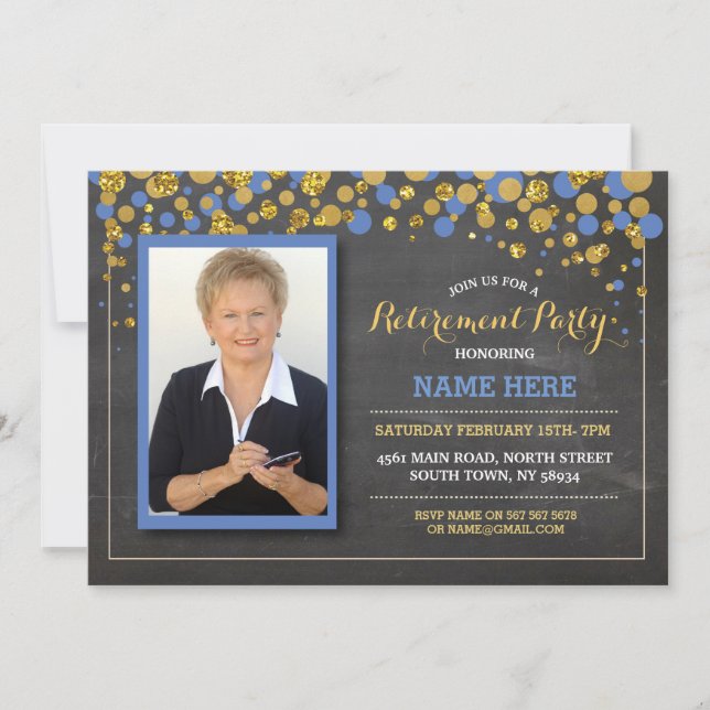 Retirement Photo Blue Chalk Party Invitation (Front)