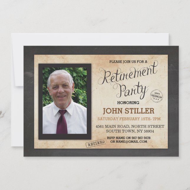 Retirement Photo Chalk Rustic Party Invitation (Front)