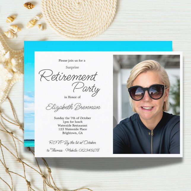 Retirement Photo Ocean Beach Blue Modern  Invitation (Creator Uploaded)
