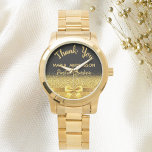 Retirement Postal Worker black gold thank you Watch<br><div class="desc">Elegant,  classic,  glamourous and feminine. A gift for a retired Postal Worker.  A faux gold coloured bow and ribbon with golden glitter and sparkle,  a bit of bling and luxury. Black background. With the text: Thank You,  templates for a name and occupation,  profession.</div>