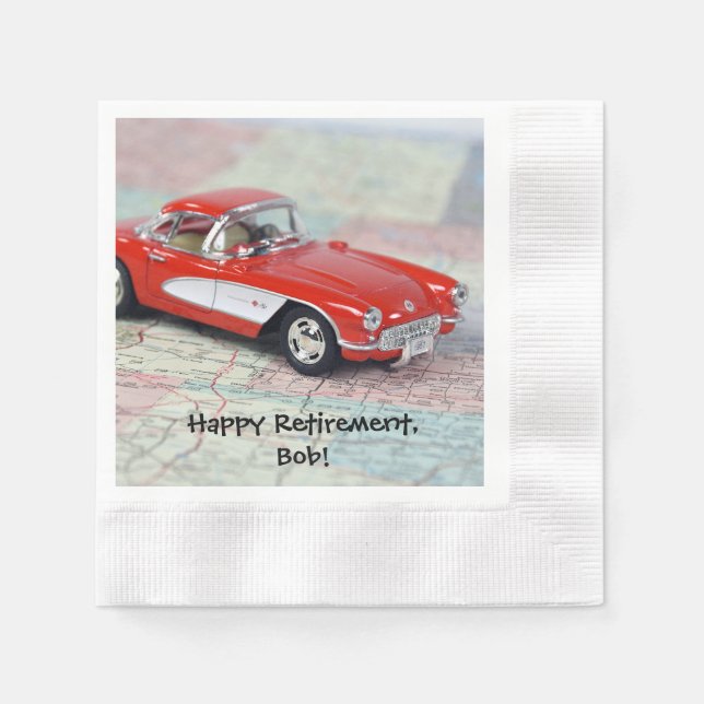 retirement-red corvette sports car on road map napkin (Front)