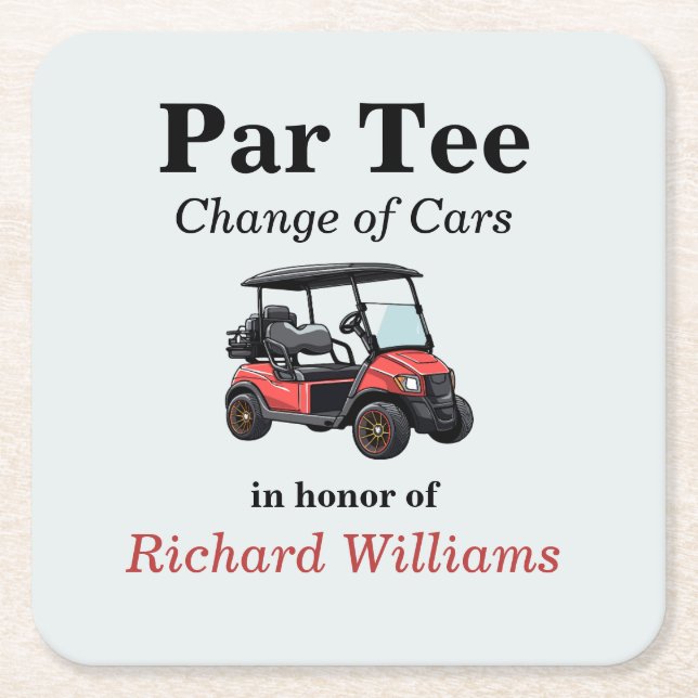 Retirement Red Golf Cart Par Tee Themed Square Paper Coaster (Front)