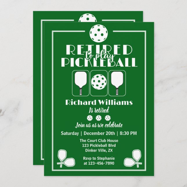 Retirement Retired to Play Pickleball Modern Green Invitation (Front/Back)