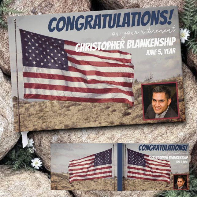 Retirement Rustic American Flag Custom Photo Guest Book (Guestbook template with cover and front and back view.)