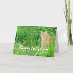 Retirement sleeping ginger cat in a meadow card