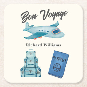 Retirement Travel Adventure Bon Voyage Plane  Square Paper Coaster