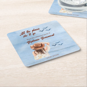 retirement travel all the places woman watercolor square paper coaster