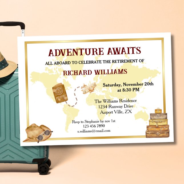 Retirement Travel Theme Adventure Awaits Party Invitation (Creator Uploaded)