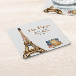 Retirement Travel Theme Bon Voyage Eifel Tower Square Paper Coaster