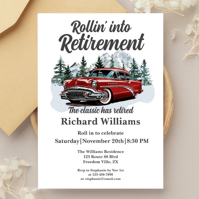 Retirement Travel Theme Classic Retro Car Rolling Invitation (Creator Uploaded)