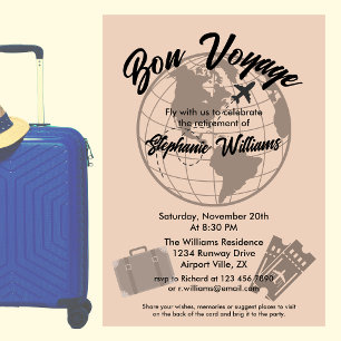 Retirement Travel Theme Party Bon Voyage Globe  Invitation