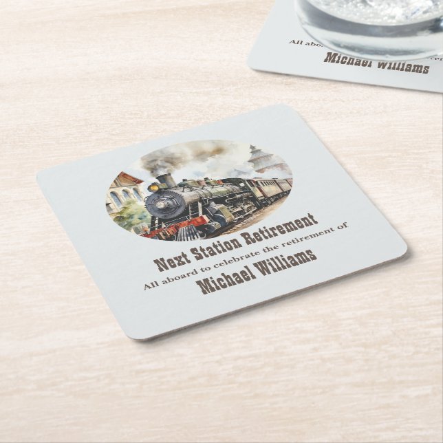 Retirement Travel Theme Party Train Next Station Square Paper Coaster (Angled)