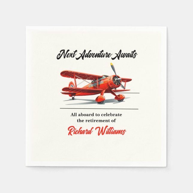 Retirement Travel Themed Party Red Plane Vintage Napkin (Front)