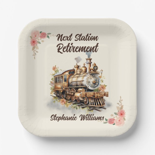 Retirement Travel Themed Party Vintage Train  Paper Plate (Front)