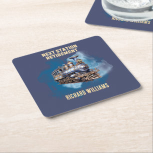 Retirement Travel Themed Train Next Station Party  Square Paper Coaster