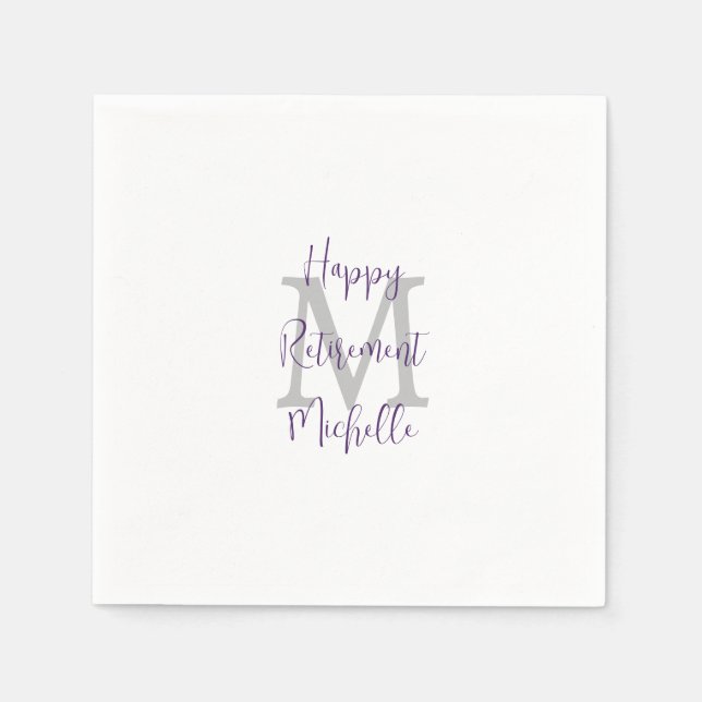 Retirement White Purple Burgundy Name Monogram  Napkin (Front)