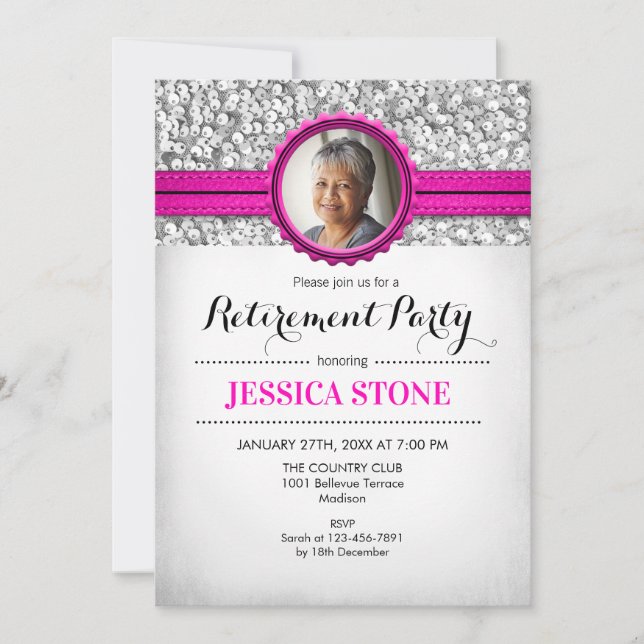 Retirement With Photo - Pink Silver White Invitation (Front)