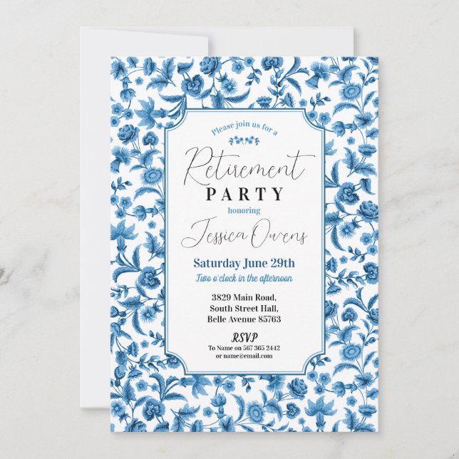 Retirement Womens Chintz Blue & White Floral Ditsy Invitation (Front)