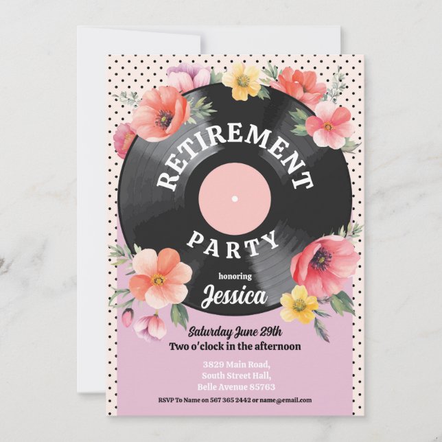 Retirement Womens Floral Summer Record Music 1950 Invitation (Front)
