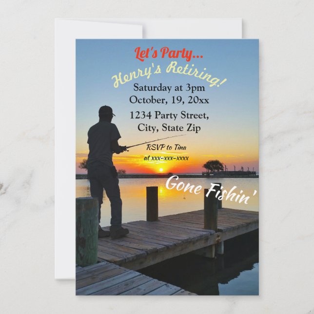 Retiring Gone Fishin' Wood Plank Customisable Invitation (Front)