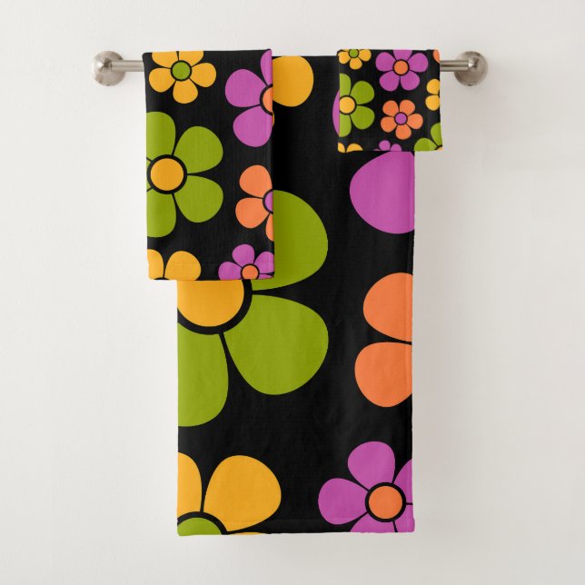 Reto 1960s Style Mid Mod Floral Pattern Bath Towel Set (Insitu)