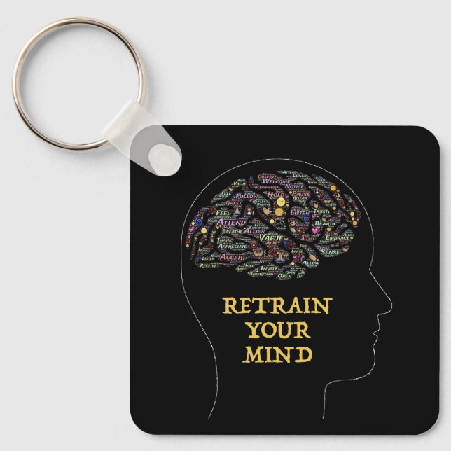 Retrain Your Mind Inspirational Word Art Design Key Ring (Front)