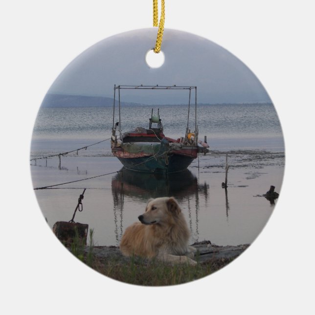 Retriever by the sea. ceramic ornament (Front)