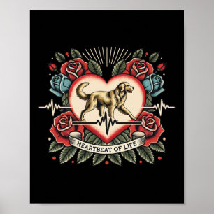 Retriever Heartbeat Tattoo Retro Roses Dog Lover L Poster