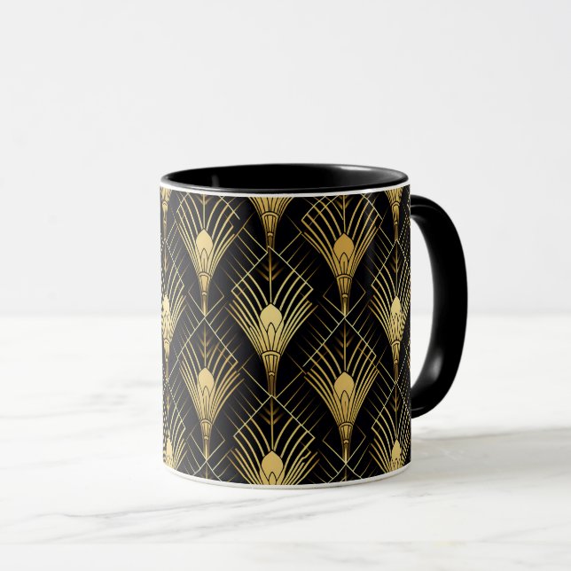 Retro 1920s Art Deco Black Gold Geometric Pattern Mug (Front Right)