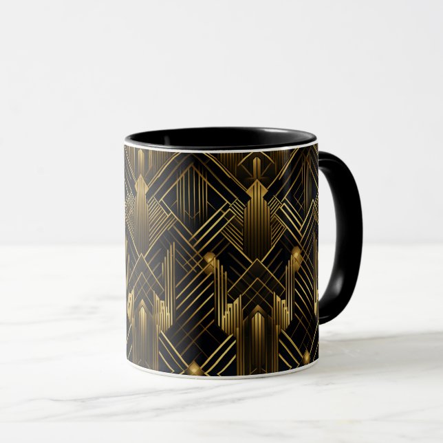 Retro 1920s Art Deco Black Gold Geometric Pattern Mug (Front Right)