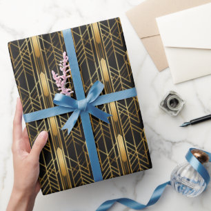 Retro 1920s Art Deco Black Gold Geometric Pattern Wrapping Paper